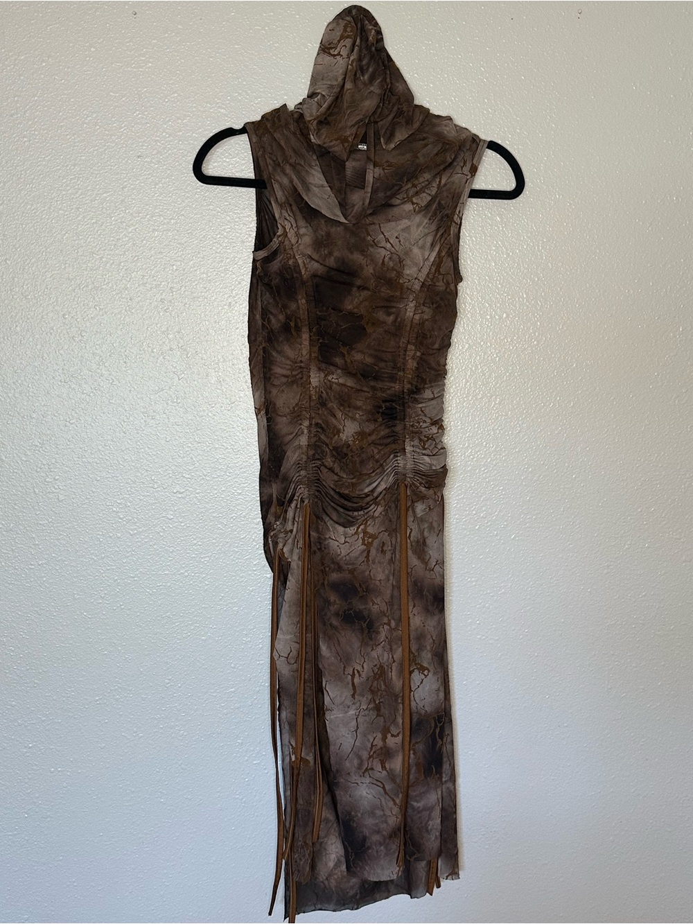 Wish Brown Hooded Tie-Dye Maxi Dress with Fringe